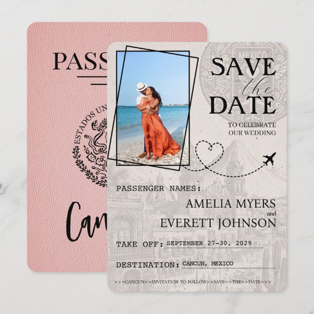 Pink Cancun Passport Save The Date (Front/Back)