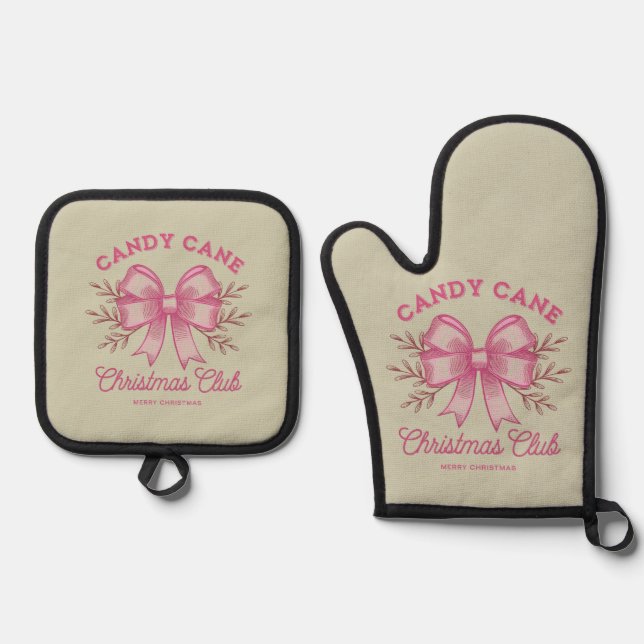 Pink Candy Cane Christmas Club Xmas Season  Oven Mitt & Pot Holder Set (Front)