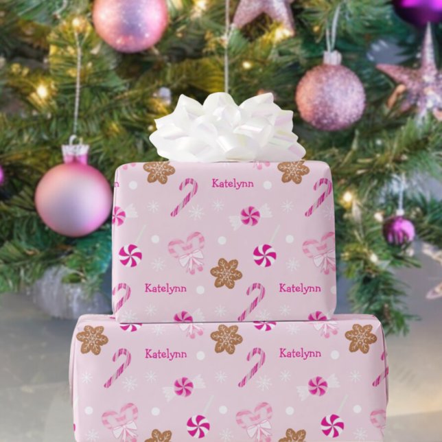 Pink Candy Cane Snowflake And Gingerbread Add Name Wrapping Paper Sheet (Creator Uploaded)