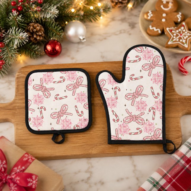 Pink Candy Cane & Snowflake Christmas Oven Mitt & Pot Holder Set (Creator Uploaded)