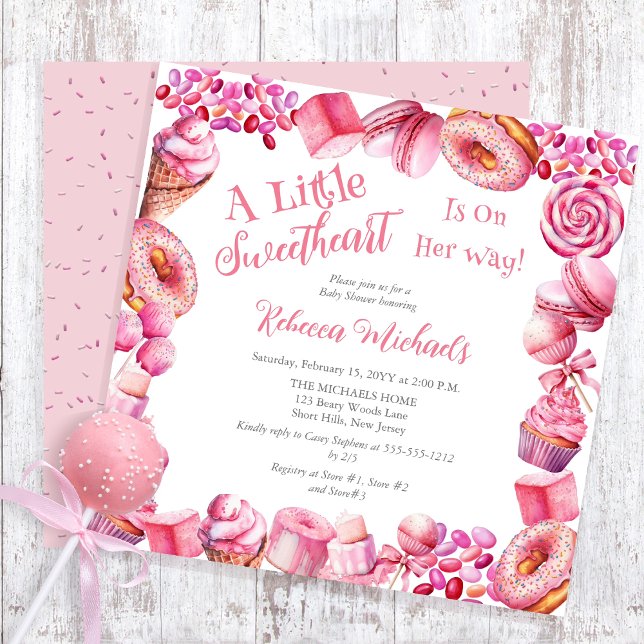 Pink Candy Frame Girl Baby Shower Invitation (A Little Sweetheart Candy Frame Girl Baby Shower Square Invitation)