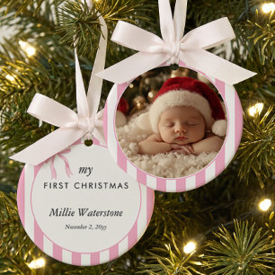 Pink Candy Stripe Baby First Christmas Photo Ceramic Ornament