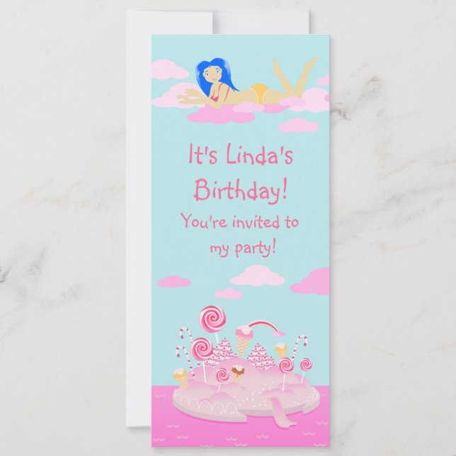 Pink candy world cake for birthday party invitation (Front)