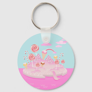 Pink candy world cake for birthday party keychain