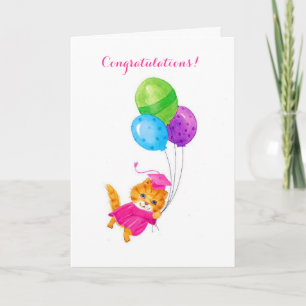 Pink cap cat graduation customizable card