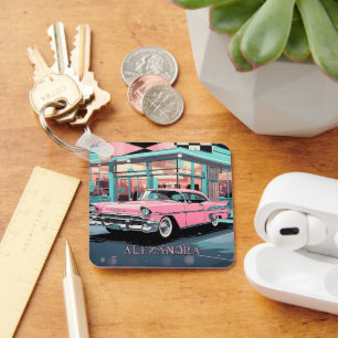 Pink Car 1950s Diner Retro Mid‑Century Custom Keychain