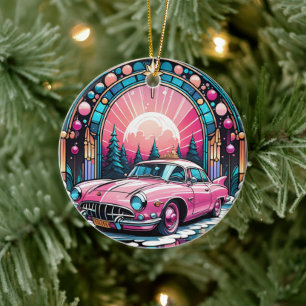Pink Car Ceramic Decorative Stained glass look Ornament