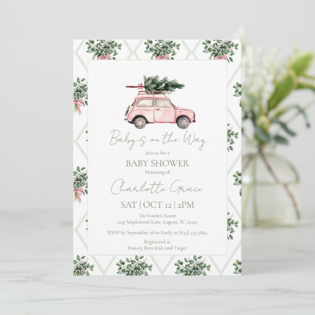 Pink Car Christmas Tree Baby Shower Invitation  (Standing Front)