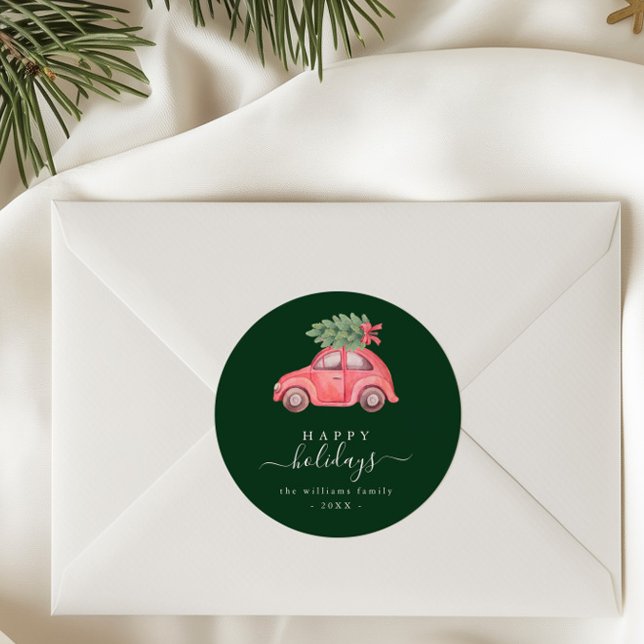 Pink Car Happy Holiday Script Round Sticker (Creator Uploaded)