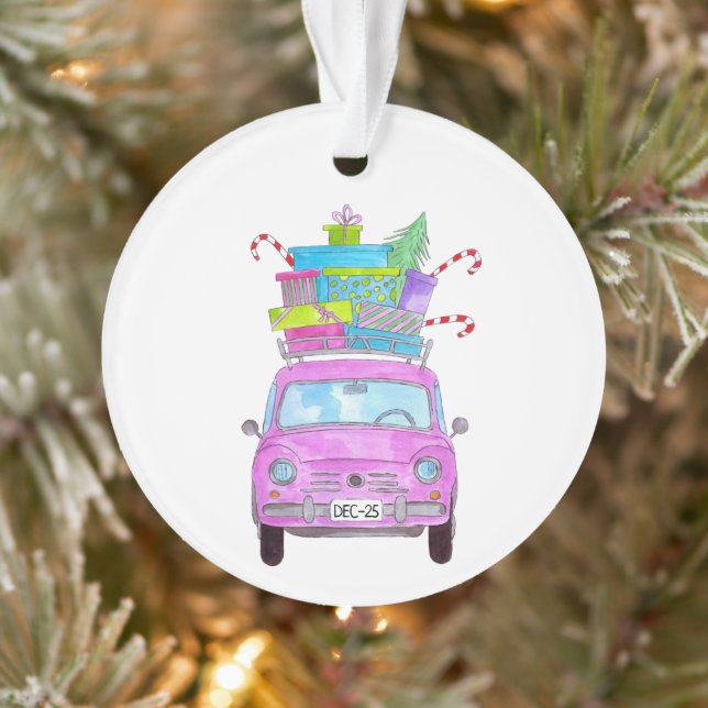 Pink Car with Christmas Gifts Watercolor Ornament (Tree)