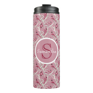 Pink Cardinal Birds Personalized Monogram Name Thermal Tumbler