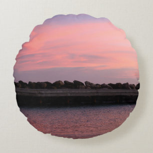 Pink Caribbean Sunset Over Calm Sea 1 Round Pillow