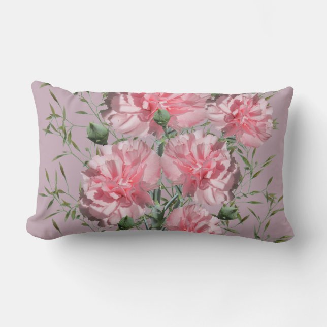Pink Carnation and Foliage Medium Pink Background  Lumbar Pillow (Front)