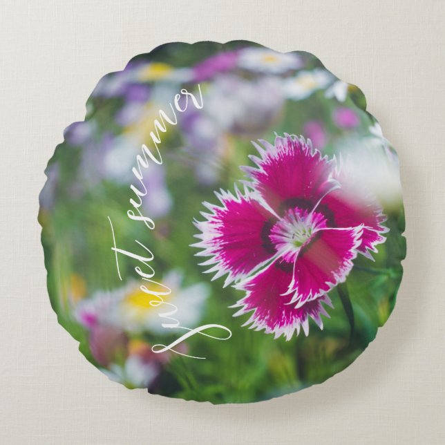 Pink carnation with daisies round pillow (Front)