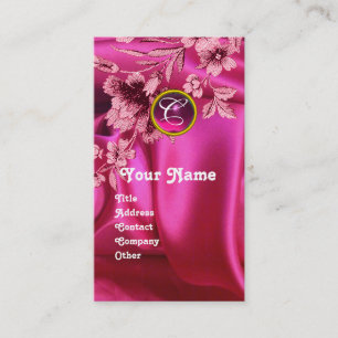 PINK CARNATIONS FUCHSIA SILK CLOTH, GEM MONOGRAM BUSINESS CARD