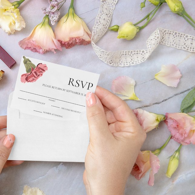Pink Carnations on White Modern Floral RSVP Card (Creator Uploaded)