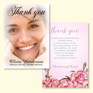 Pink Carnations Soft White Photo Memorial Thank Yo Thank You Card