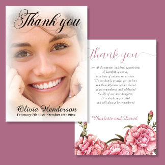Pink Carnations Soft White Photo Memorial Thank Yo You Card