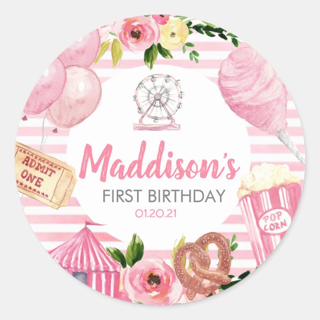 Pink Carnival Birthday Sticker (Front)