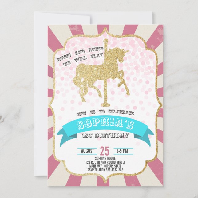 Pink Carnival Carousel Girl First Birthday Circus Invitation (Front)