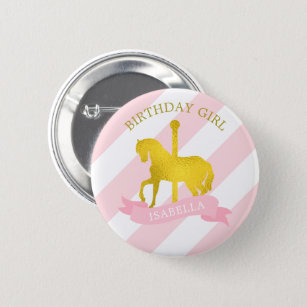 Pink Carousel Horse "Birthday Girl" 2 Inch Round Button