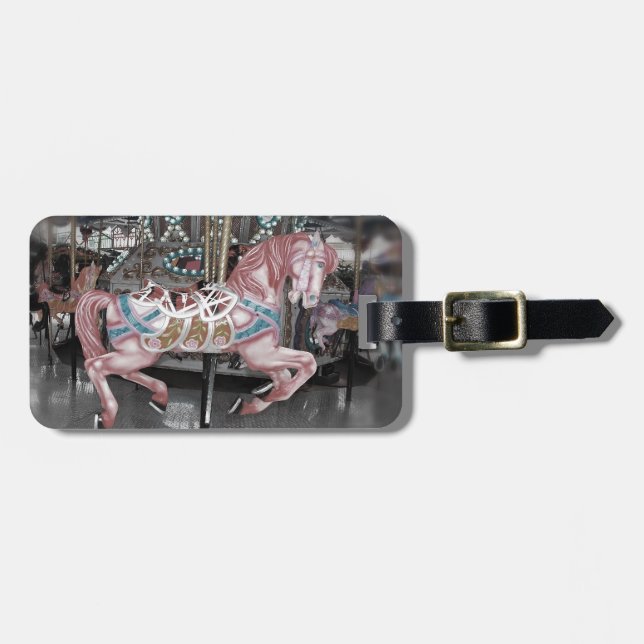 Pink carousel horse luggage tag (Front Horizontal)