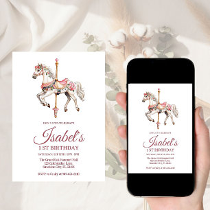 Pink Carousel Watercolor for girl Birthday  Invitation
