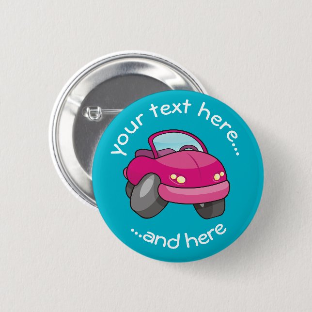Pink Cartoon Car Pinback Button (Front & Back)