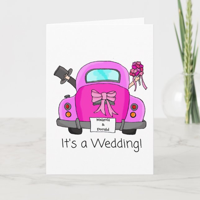 Pink Cartoon car Wedding Invitation (Front)