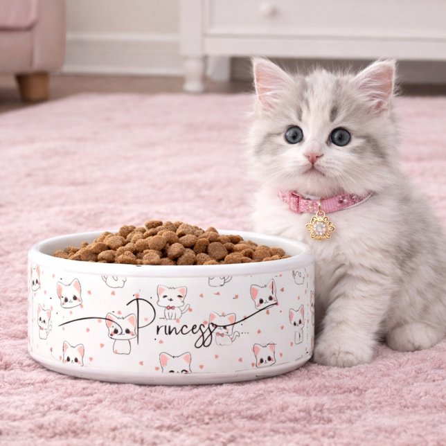 Pink Cartoon Cat Pattern with Stars and Pet Name  Bowl (Creator Uploaded)