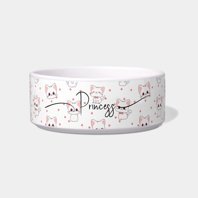 Pink Cartoon Cat Pattern with Stars and Pet Name  Bowl (Front)