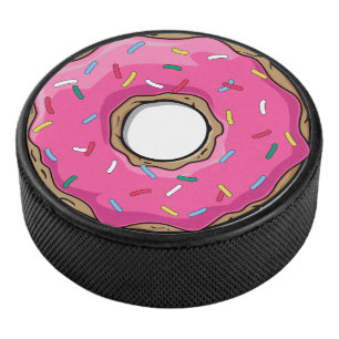 Pink Cartoon Doughnut with Sprinkles Hockey Puck