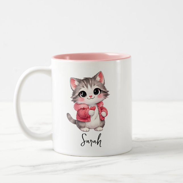 Pink Cartoon Kitty Cat Personalized Coffee Mug (Left)