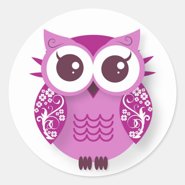 Pink cartoon owl classic round sticker (Front)