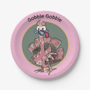Pink Cartoon Turkey Gobble Paper Plates