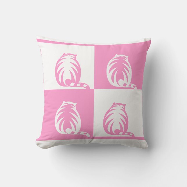 pink CAT and white chequered board  pattern Throw Pillow (Front)