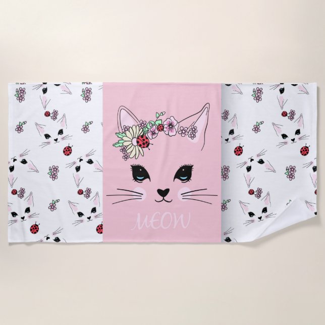Pink Cat Beach Towel (Front)
