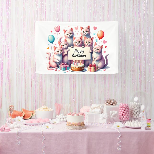 Pink Cat Birthday Celebration Illustration Banner (Party)