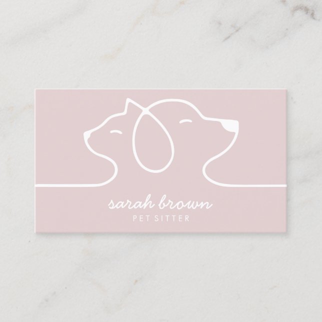 Pink Cat Dog Line Logo Petsitter Business Card (Front)
