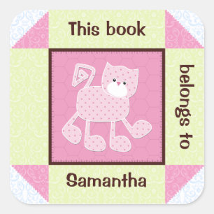 Pink Cat Faux Quilt Book Sticker