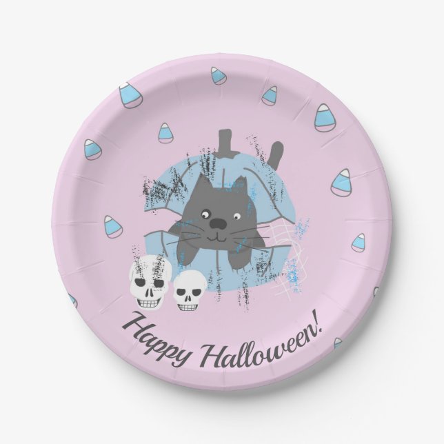 Pink Cat in Pumpkin Skull Candy Corn Halloween Paper Plate (Front)