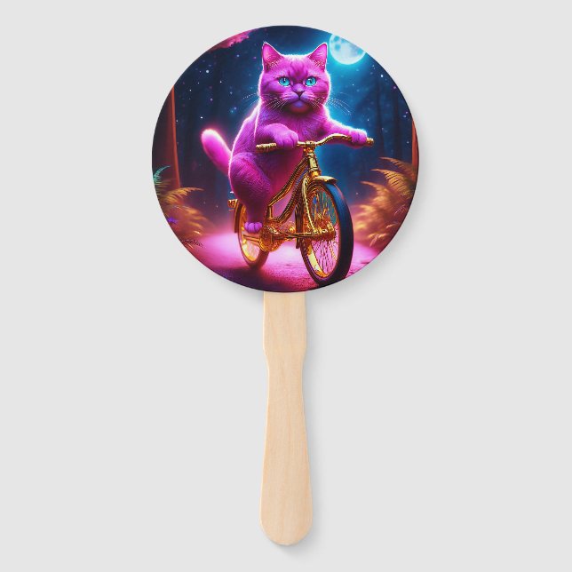 Pink Cat On A Golden Bicycle Scenic Path Hand Fan (Front)