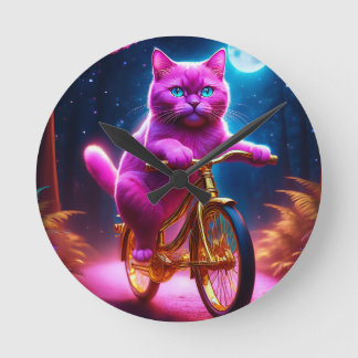 Pink Cat On A Golden Bicycle Scenic Path Round Clock