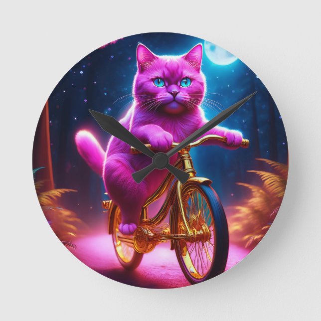Pink Cat On A Golden Bicycle Scenic Path Round Clock (Front)