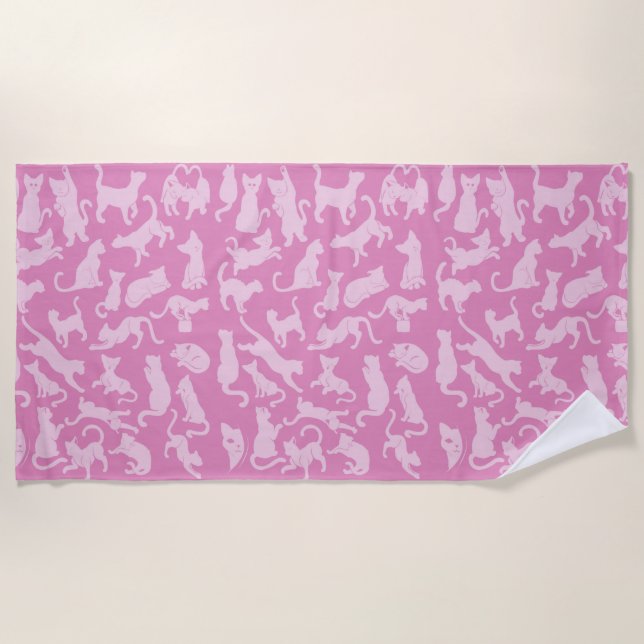 Pink Cat Pattern Beach Towel (Front)