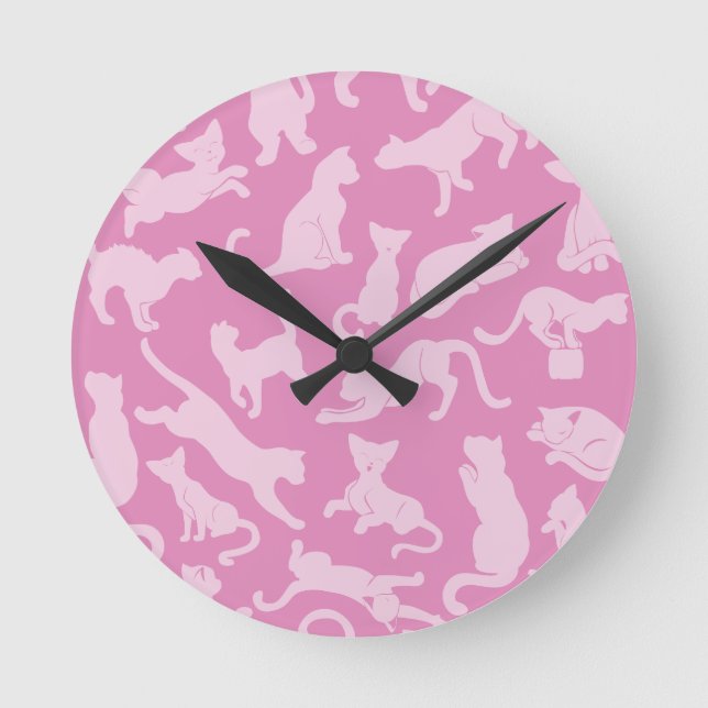 Pink Cat Pattern Round Clock (Front)