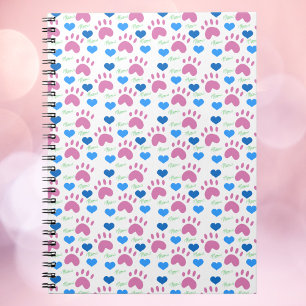 Pink Cat Paw Blue Hearts Green Meow Pattern Notebook