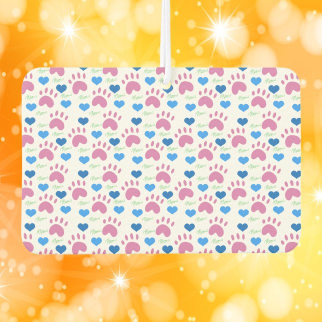 Pink Cat Paw Prints and Blue Hearts Pattern  Air Freshener (An air freshener with pink cat paws, blue hearts and green meows.)