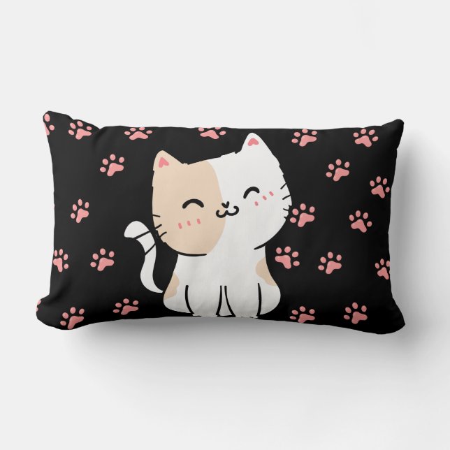Pink Cat & Paws Black Lumbar Pillow (Front)