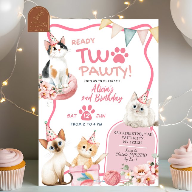 Pink Cat Ready Two Pawty 2e Invitation anniversair (Créateur téléchargé)